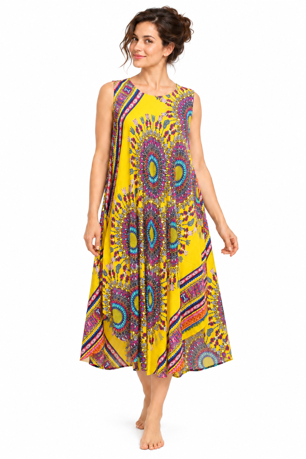 Beach Dress - Sleeveless - Yellow Multicolour Mandala - model front