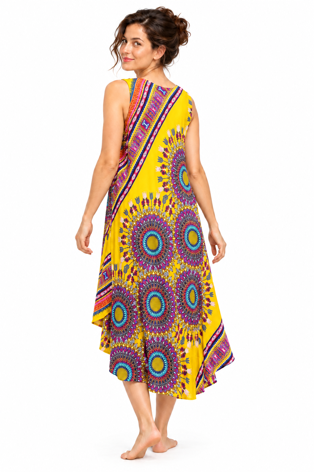 Beach Dress - Sleeveless - Yellow Multicolour Mandala - model three-quarter back