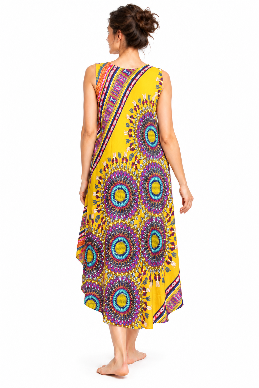 Beach Dress - Sleeveless - Yellow Multicolour Mandala - model back