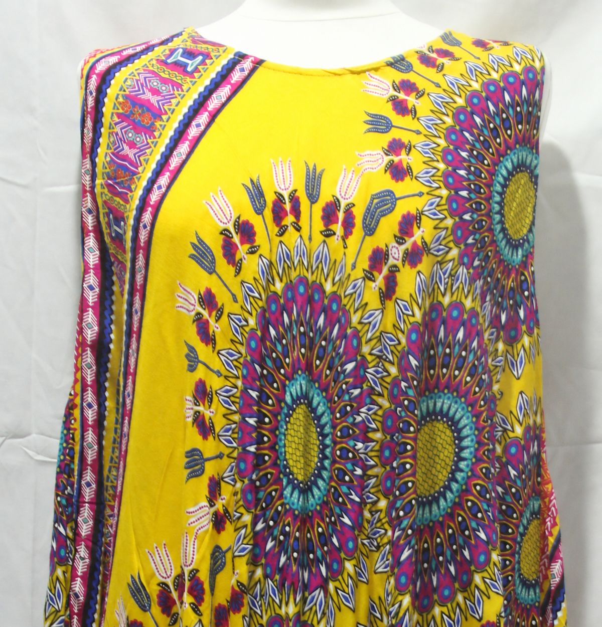 Beach Dress - Sleeveless - Yellow Multicolour Mandala - real fabric detail