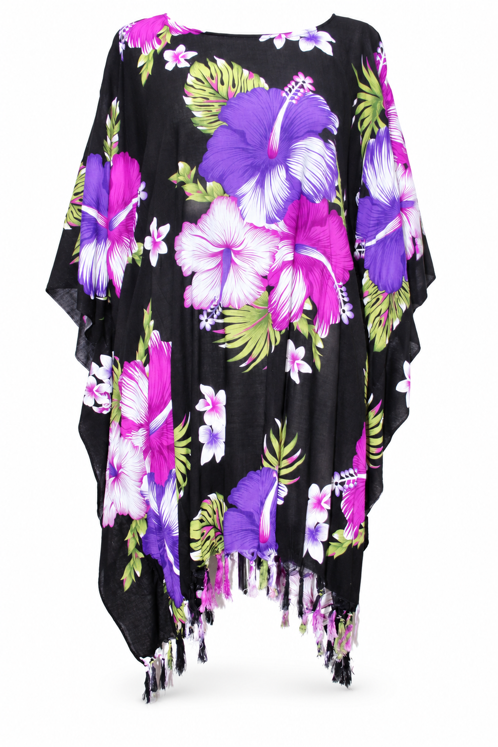 Beach Poncho - Fringed - Black Purple Hibiscus - front garment view