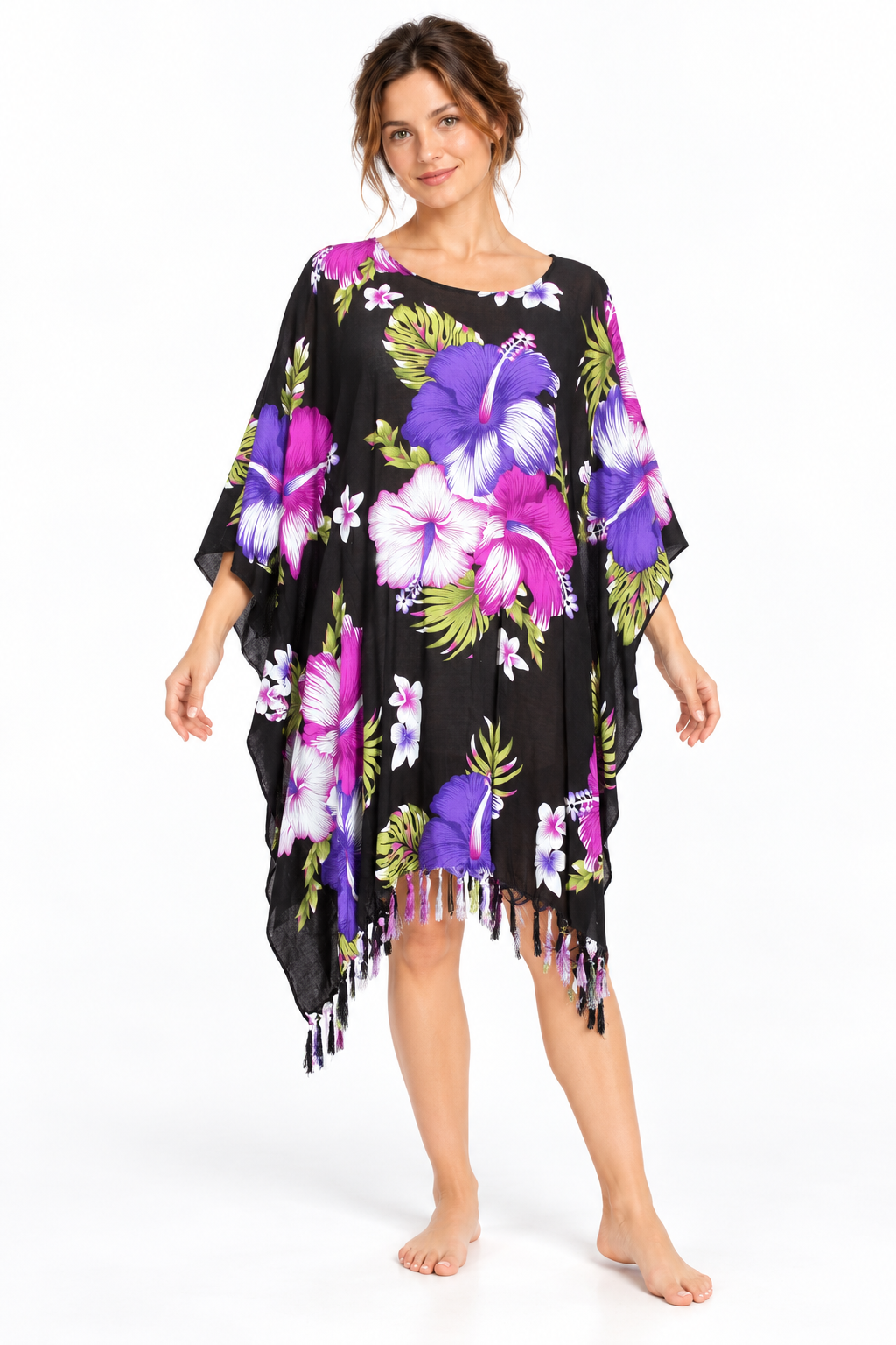 Beach Poncho - Fringed - Black Purple Hibiscus - model front