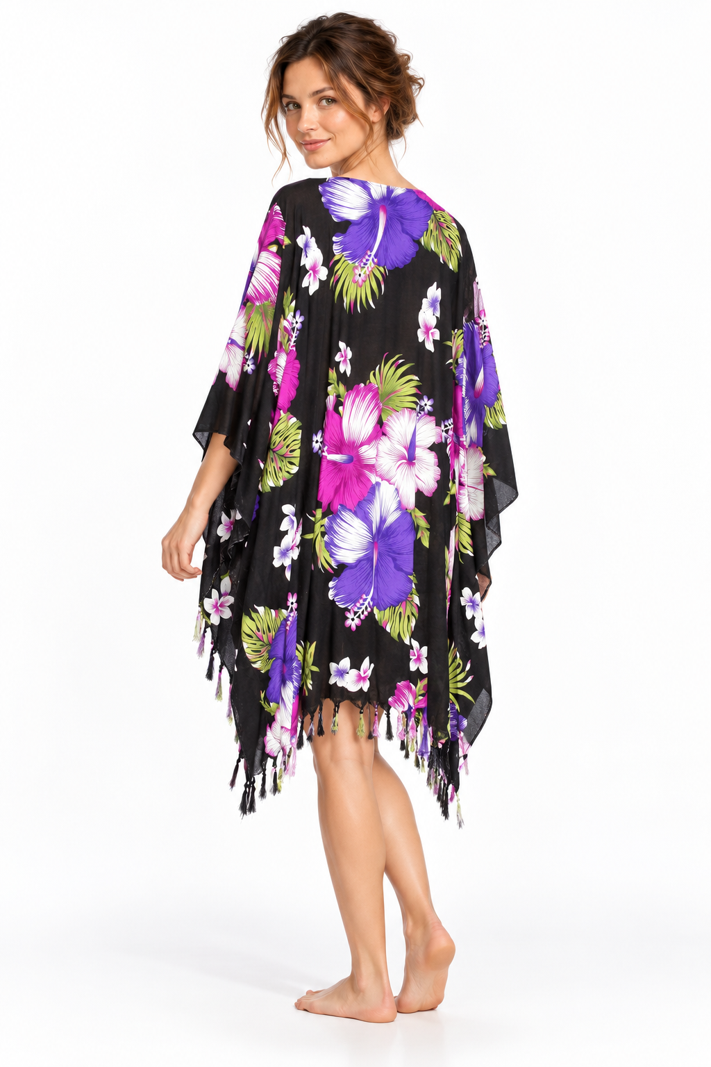 Beach Poncho - Fringed - Black Purple Hibiscus - model three-quarter back