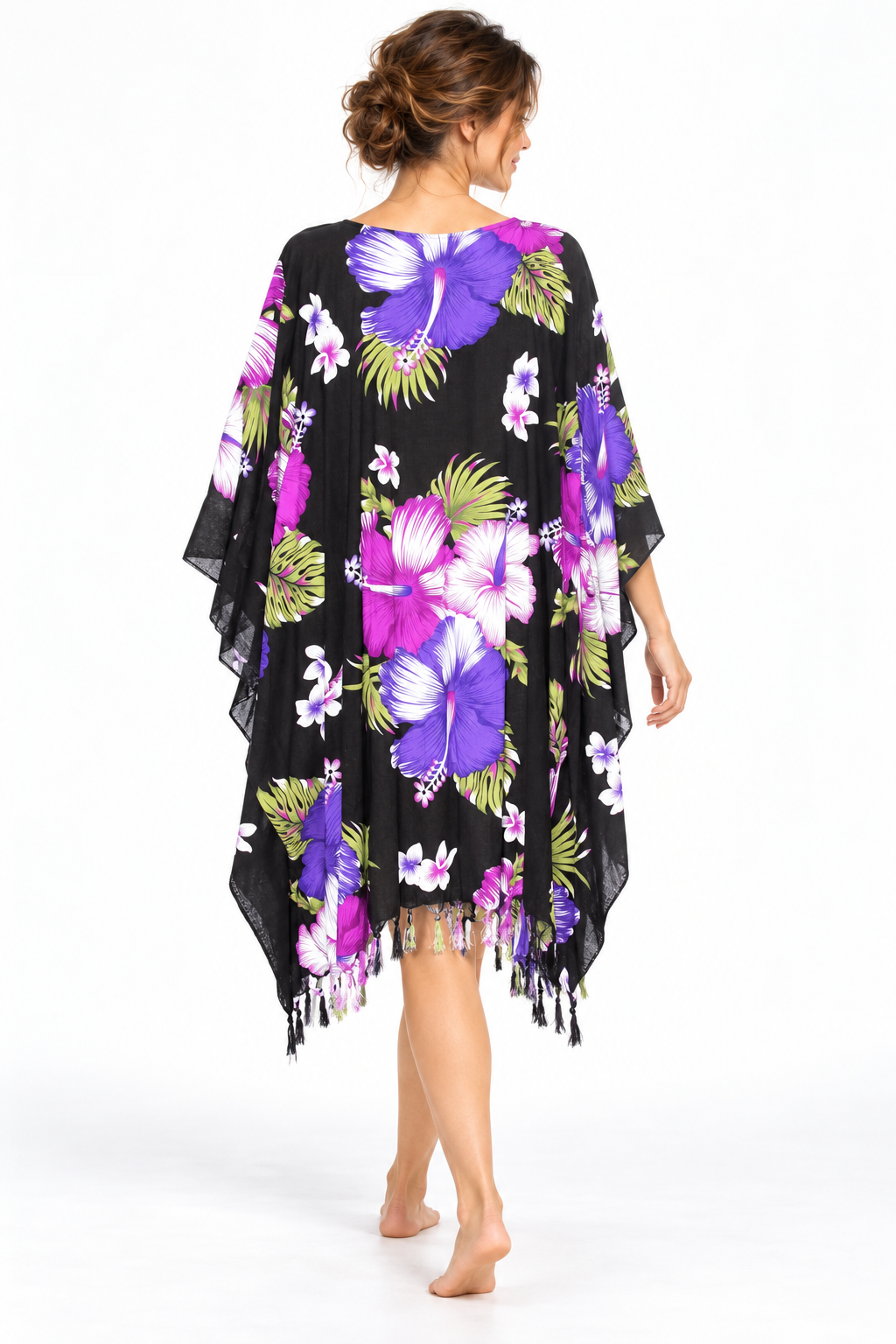 Beach Poncho - Fringed - Black Purple Hibiscus - model back