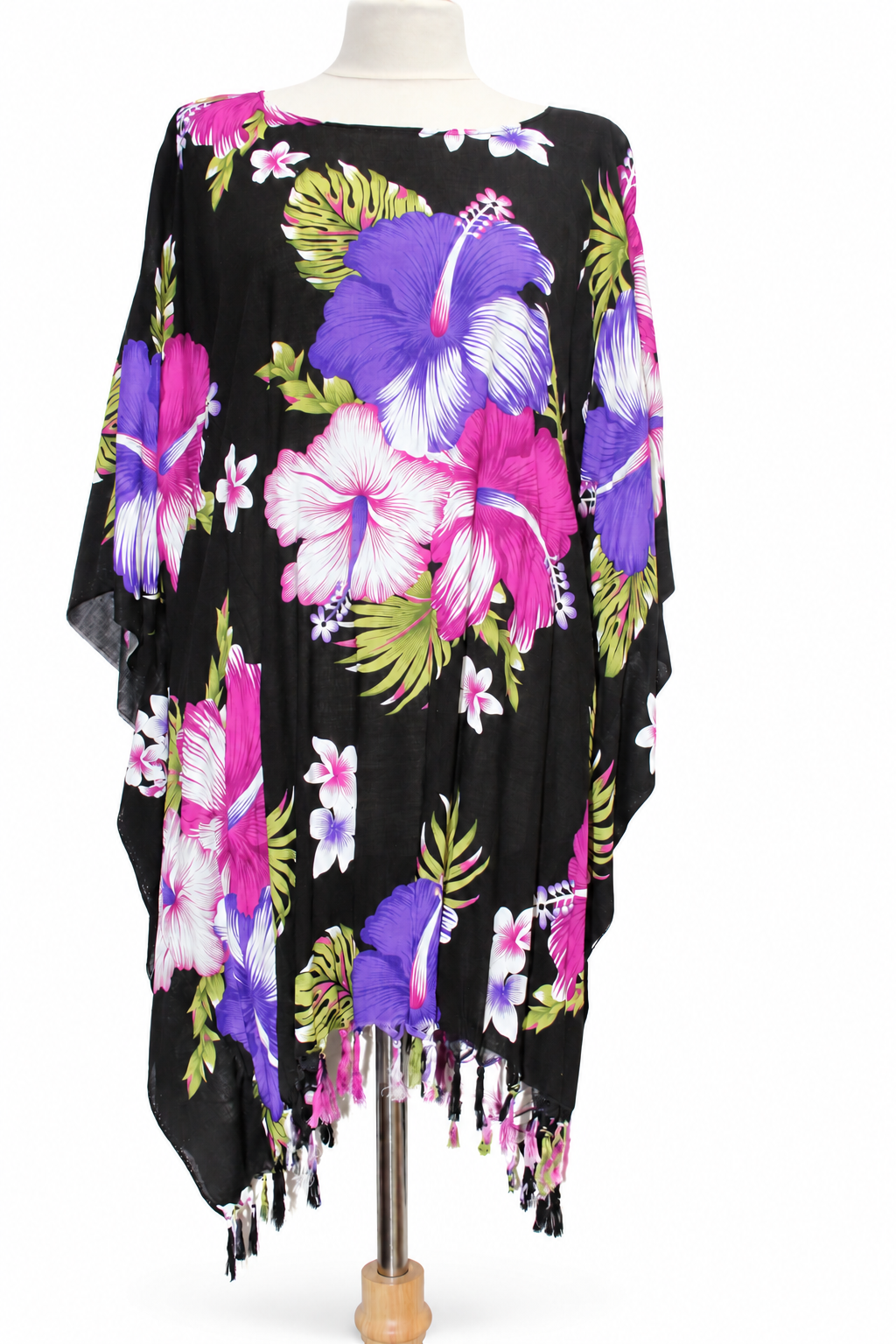 Beach Poncho - Fringed - Black Purple Hibiscus - original mannequin view