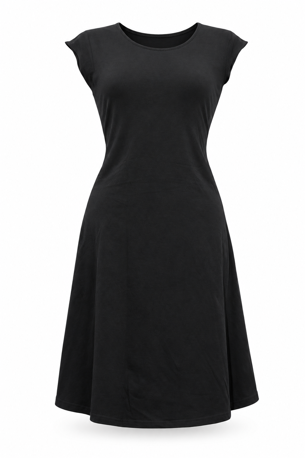 Black cap sleeve dress — front ghost mannequin