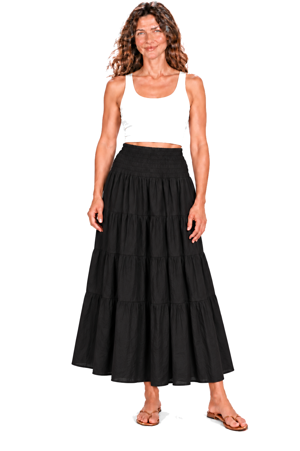 Black convertible garment — skirt front view