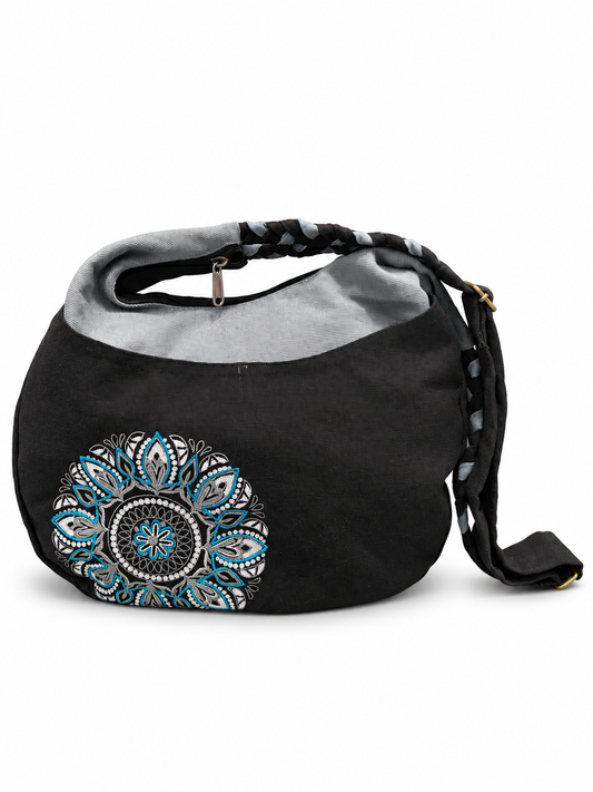 Black Floral Applique Shoulder Bag – angle view