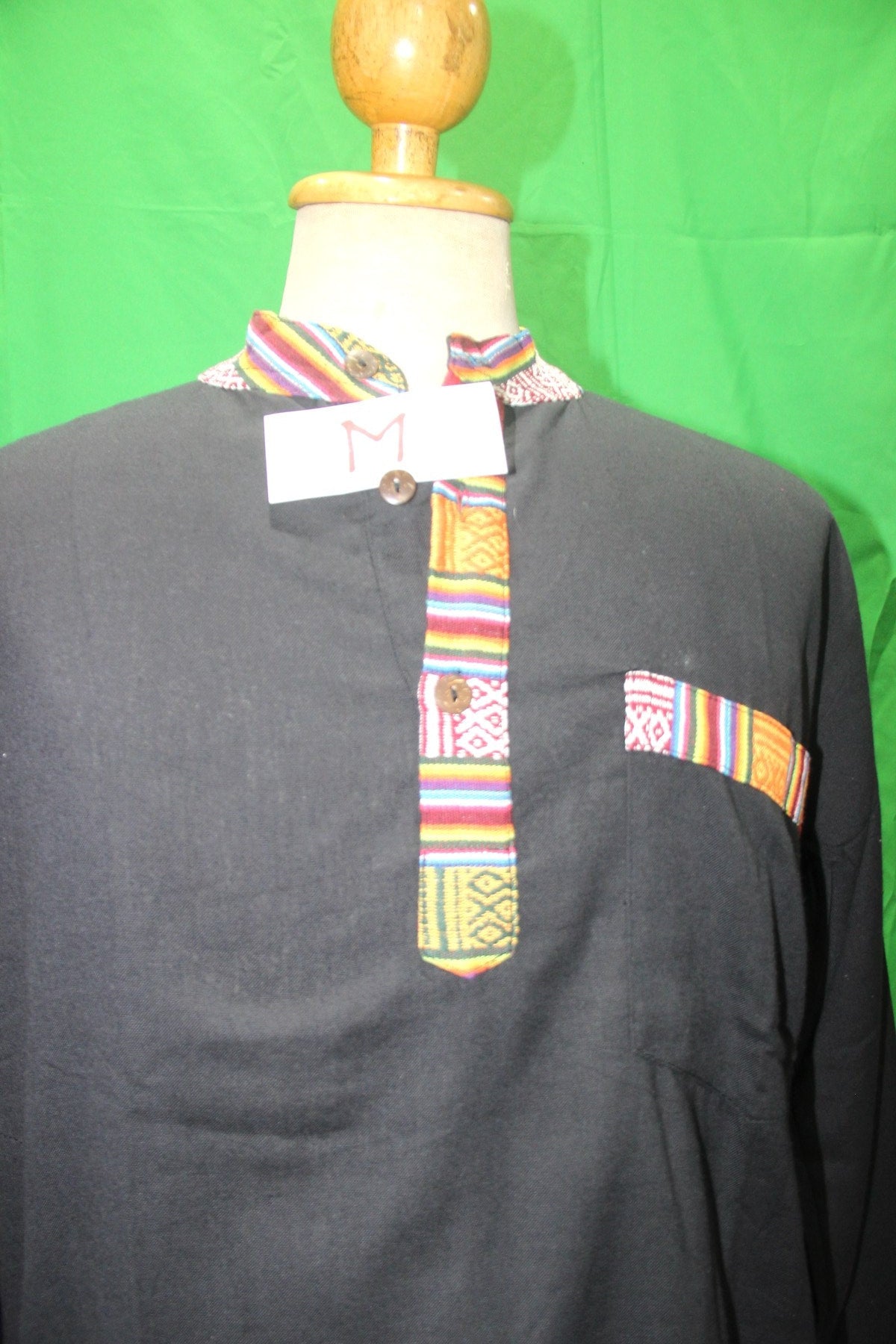 Black Long Sleeves with a Colorful Patch Woven Trim from Nepal — garment detail