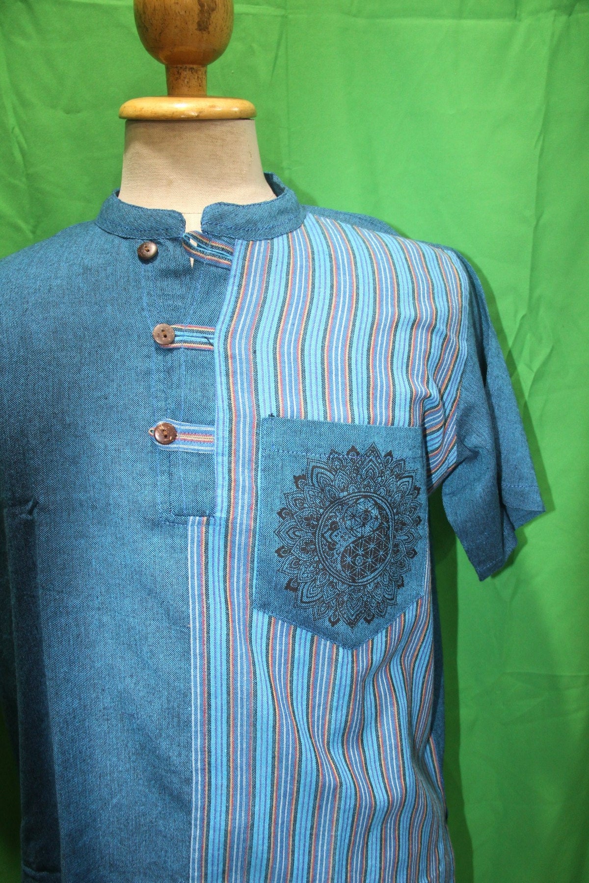 Blue Color Short Sleeve Button with Mandala Design from Nepal — garment detail