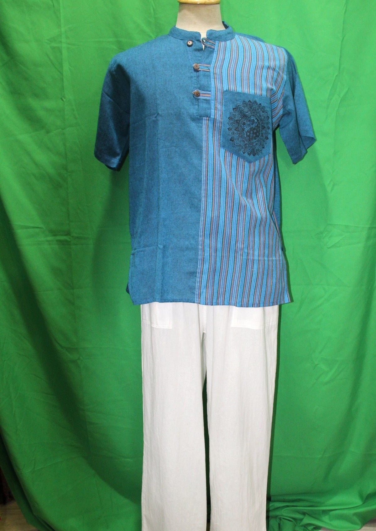 Blue Color Short Sleeve Button with Mandala Design from Nepal — original product view