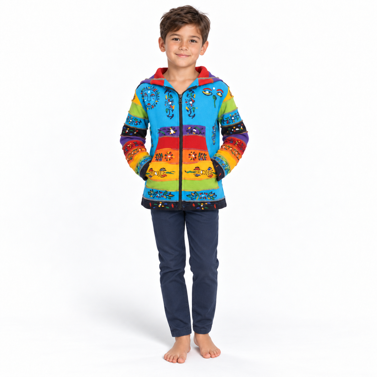 Blue Patchwork Hoodie - boys model front view