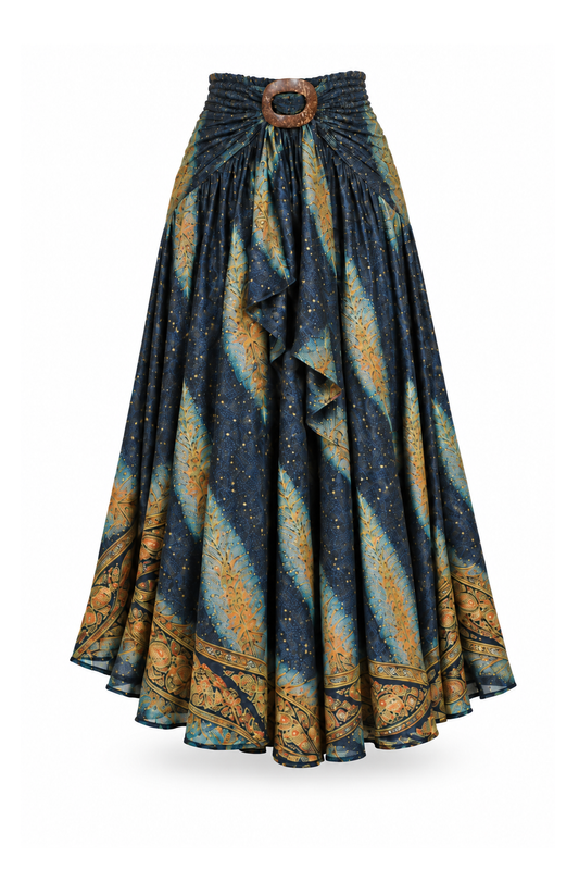 Coco Rayon Halter Dress and Skirt - Navy and Gold Feather Print - ghost mannequin, normalized primary image
