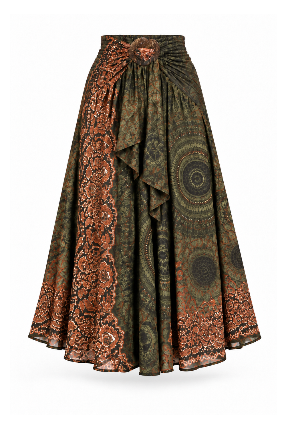 Coco Rayon Halter Dress and Skirt - Olive and Rust Pattern - ghost mannequin, normalized primary image