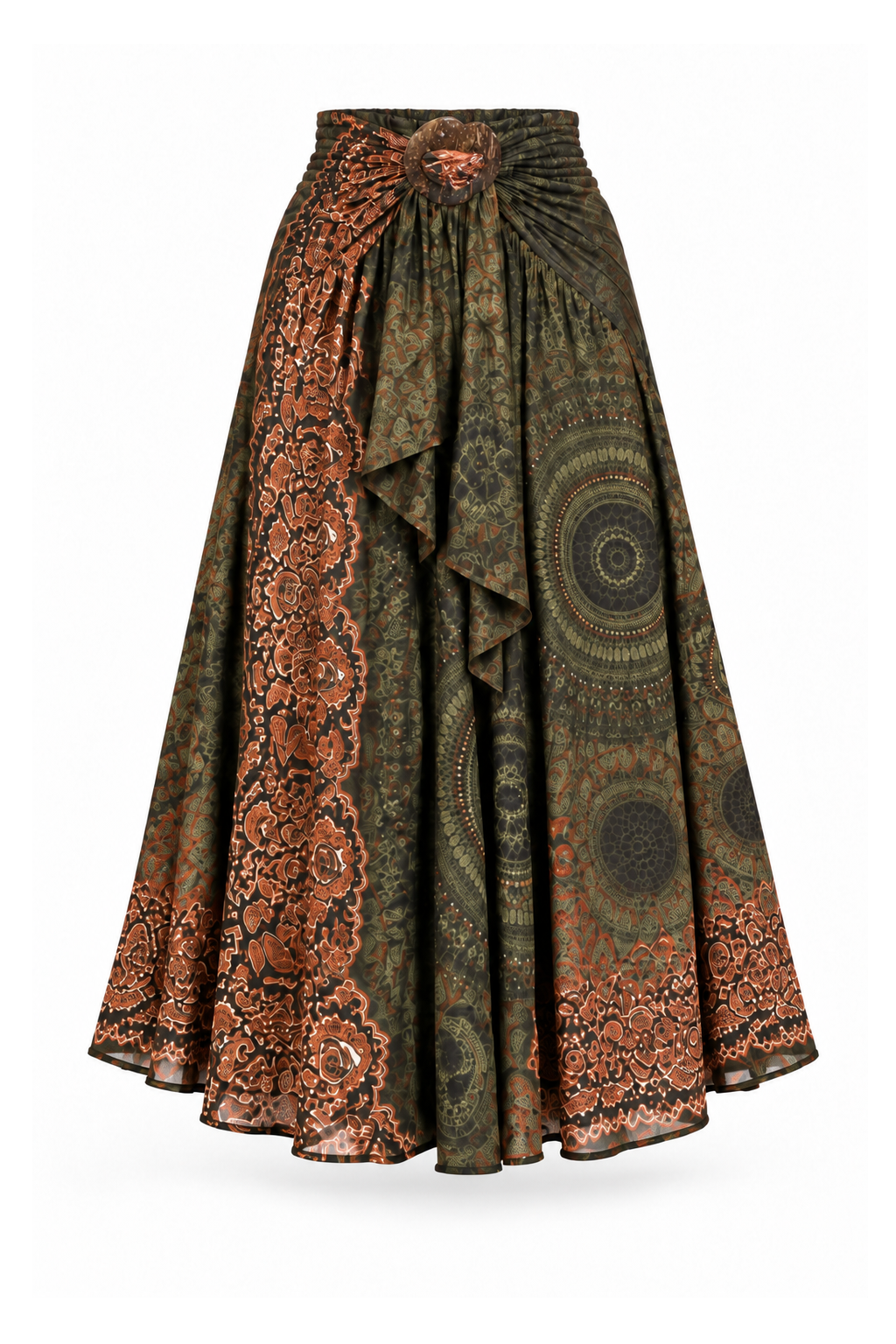 Coco Rayon Halter Dress and Skirt - Olive and Rust Pattern - ghost mannequin, normalized primary image
