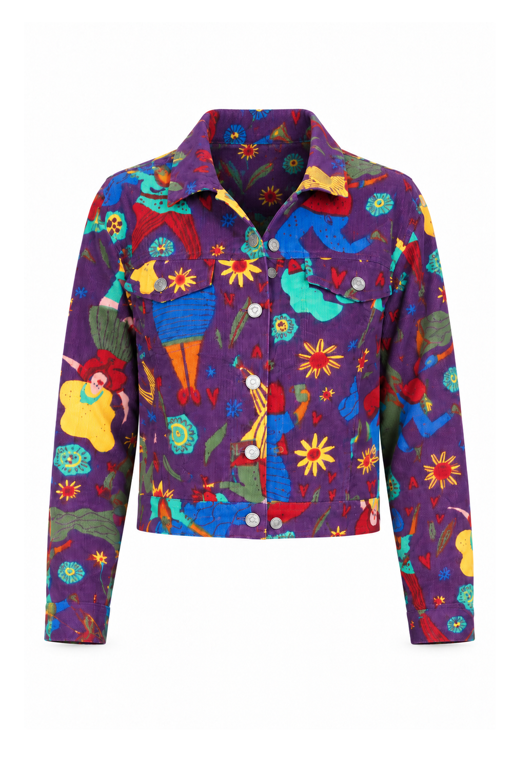 Cropped Corduroy Jacket - Purple Multicolour Abstract Print - ghost mannequin, normalized primary image