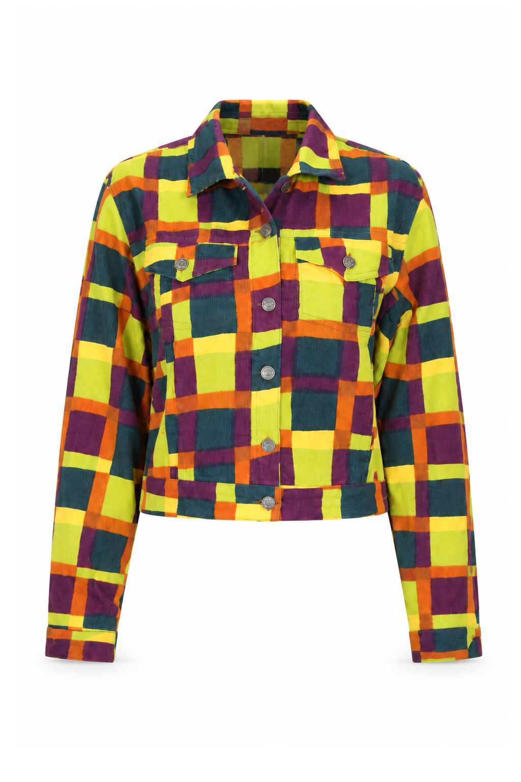 Cropped Corduroy Jacket - Yellow and Green Multicolour Checks - ghost mannequin, normalized primary image