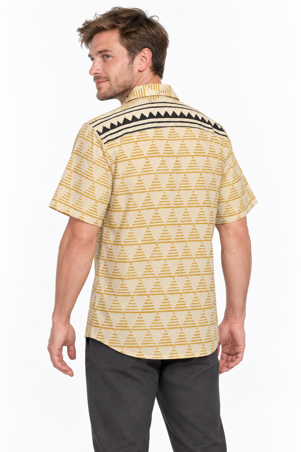 Desert Tribal Pocket men's Hawaiian shirt — three-quarter back