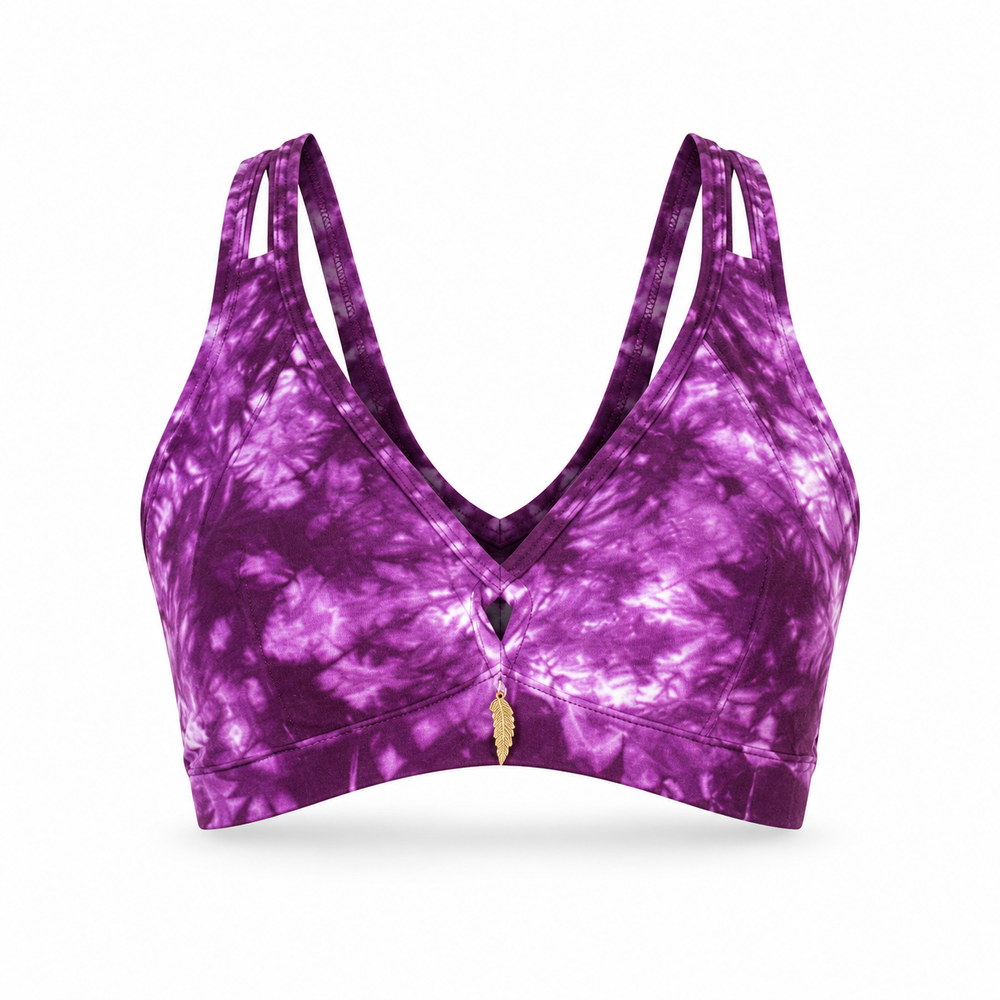Feather Cotton Top-Bra with Brass Back Motif - ghost mannequin product image on white background