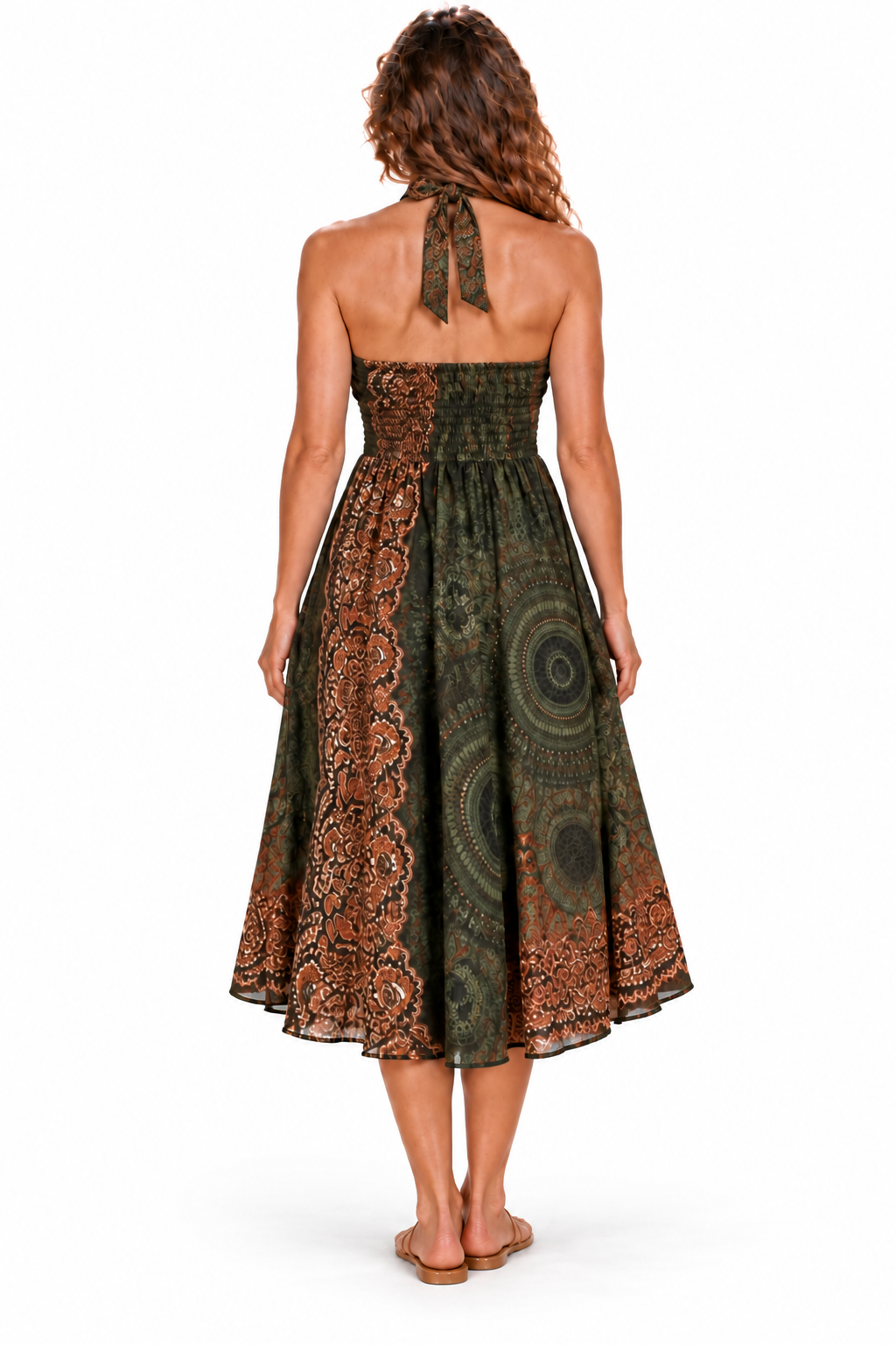 Coco Rayon Neckholder-Kleid und Rock – Oliv- und Rostfarbenes Muster