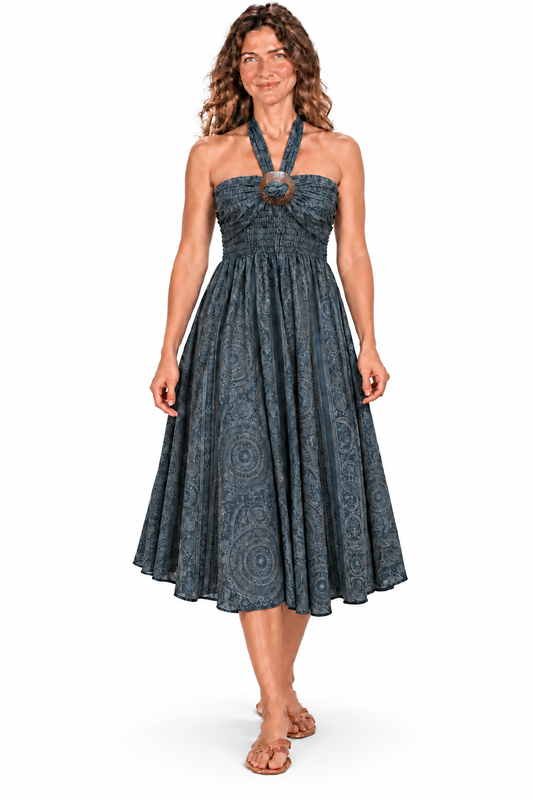 Coco Rayon Halter Dress and Skirt - Grey and Blue Pattern