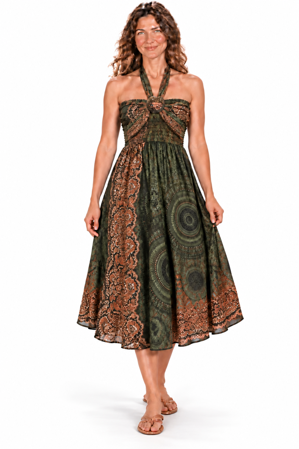 Coco Rayon Neckholder-Kleid und Rock – Oliv- und Rostfarbenes Muster