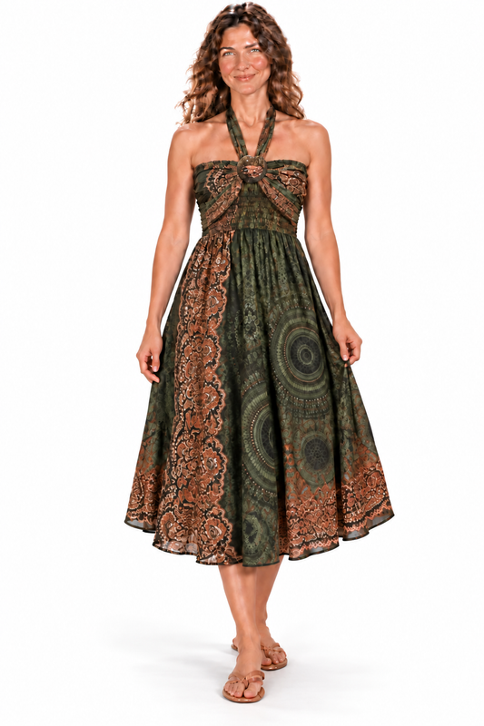 Coco Rayon Halter Dress and Skirt - Olive and Rust Pattern