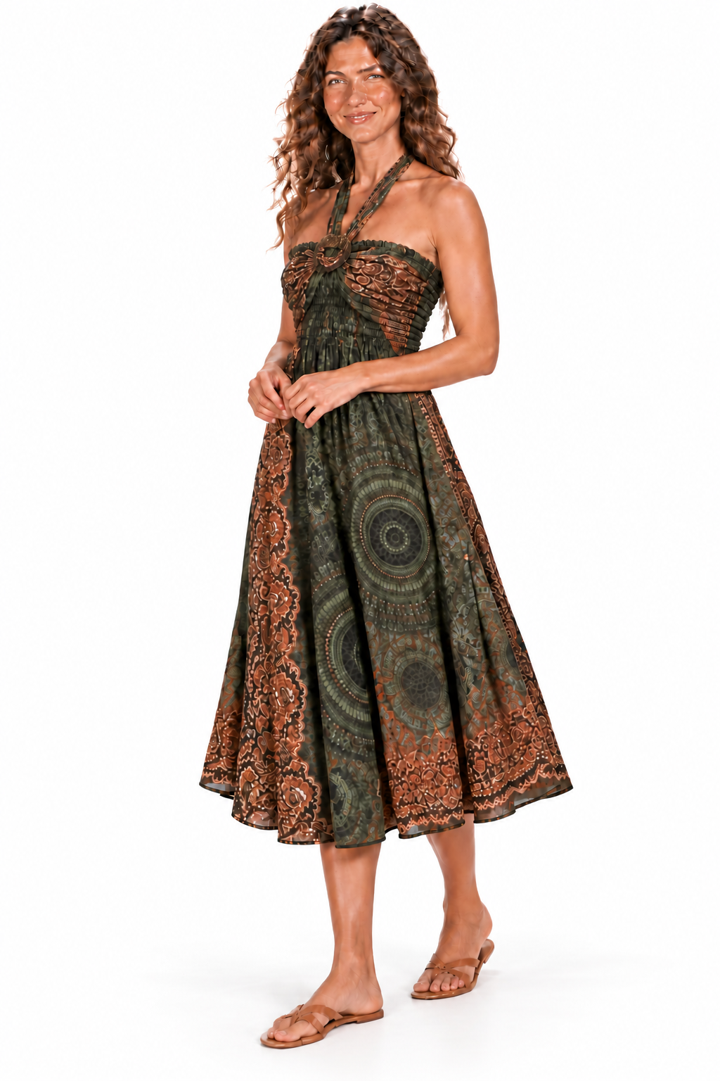 Coco Rayon Neckholder-Kleid und Rock – Oliv- und Rostfarbenes Muster