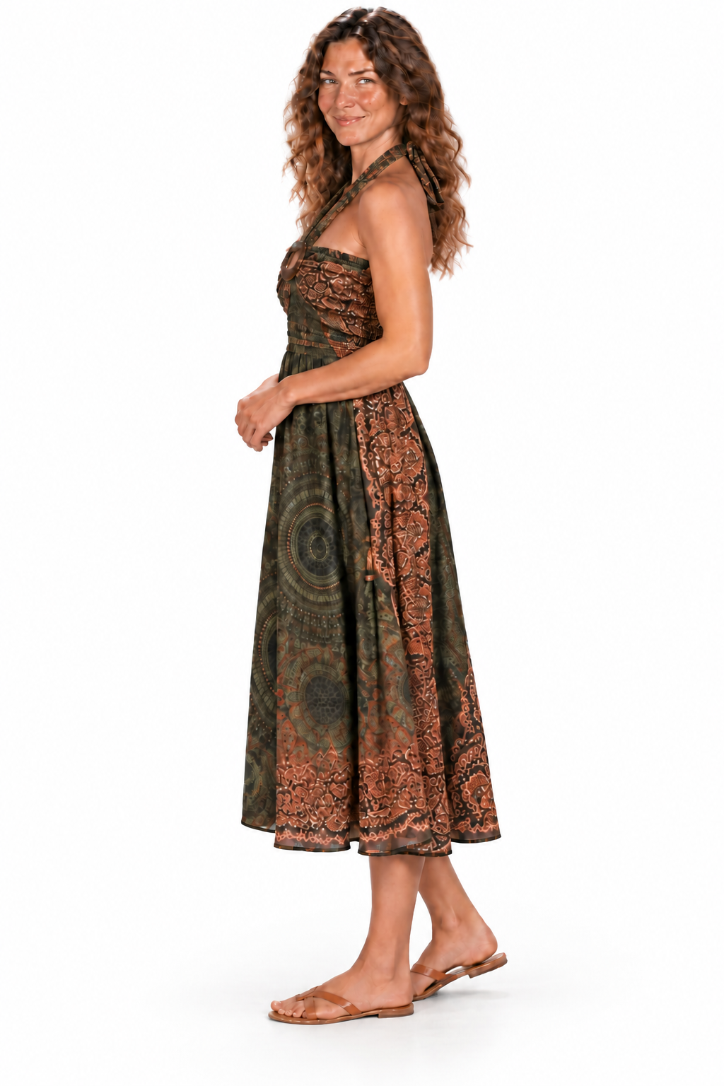 Coco Rayon Neckholder-Kleid und Rock – Oliv- und Rostfarbenes Muster