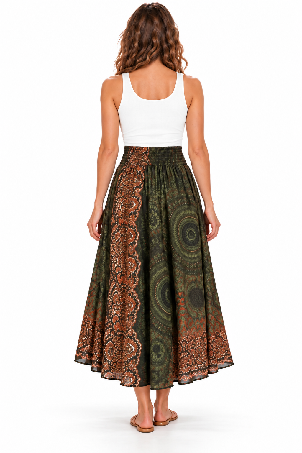 Coco Rayon Neckholder-Kleid und Rock – Oliv- und Rostfarbenes Muster