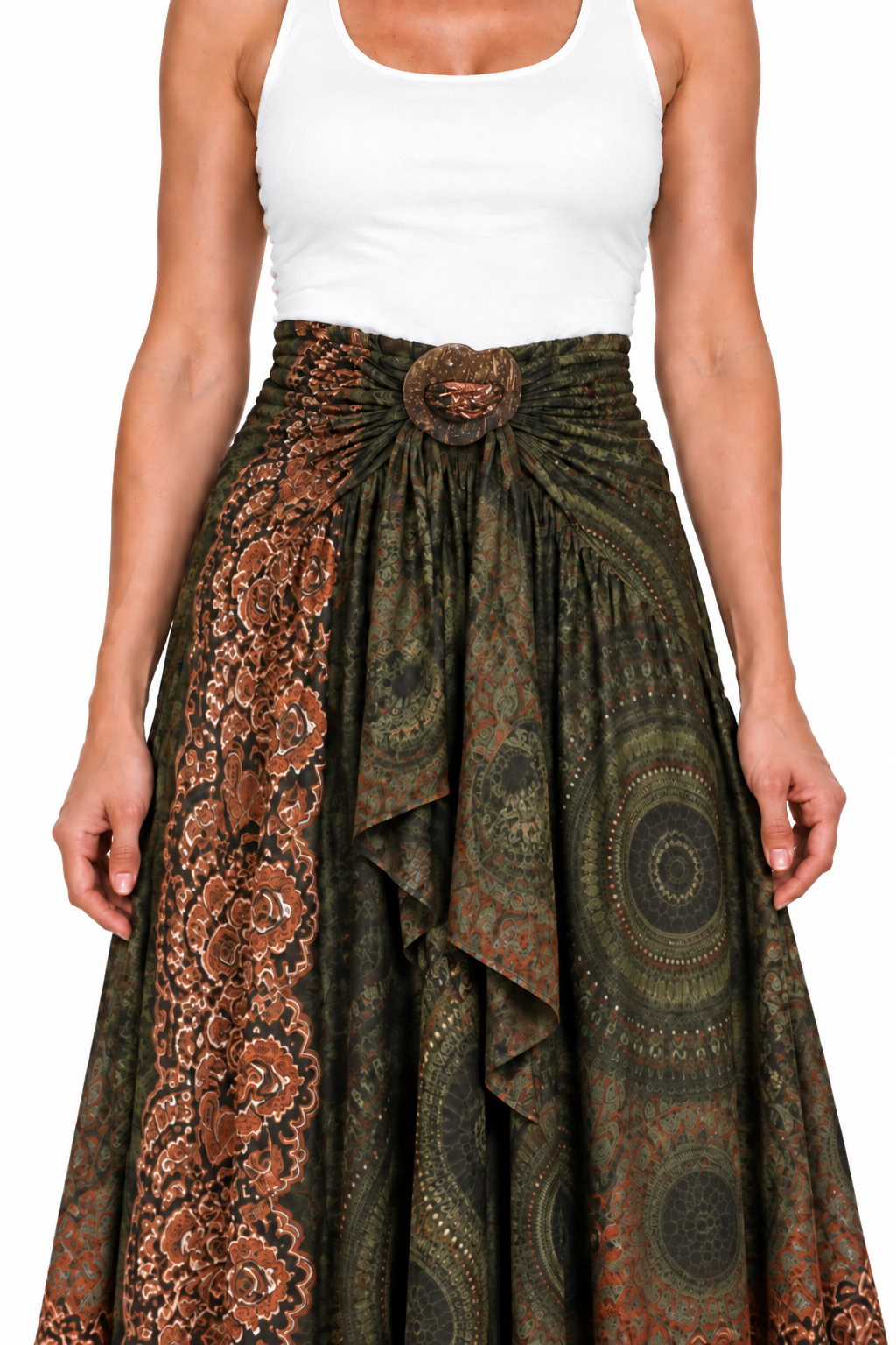 Coco Rayon Neckholder-Kleid und Rock – Oliv- und Rostfarbenes Muster