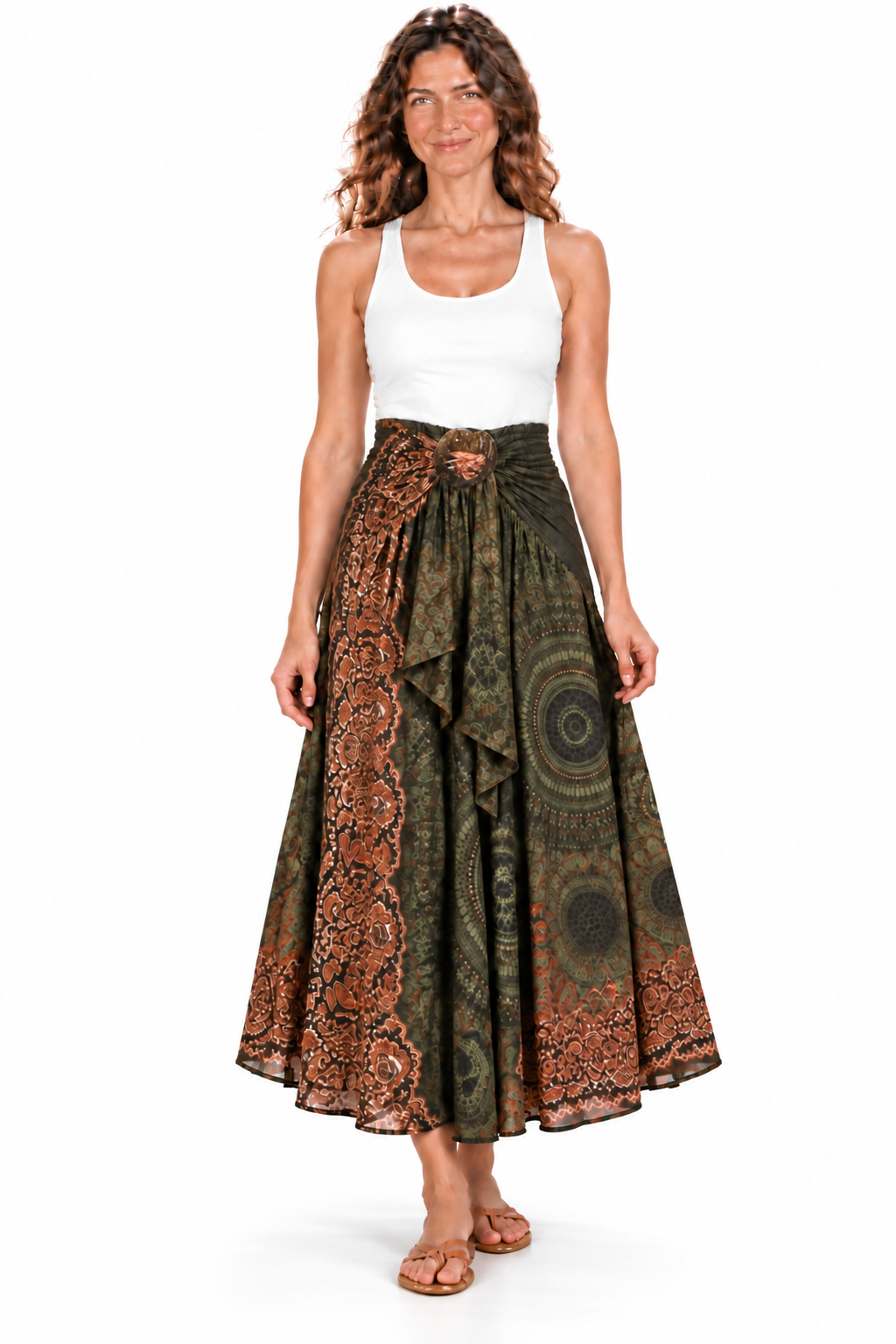 Coco Rayon Neckholder-Kleid und Rock – Oliv- und Rostfarbenes Muster
