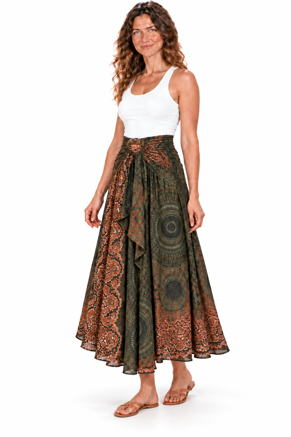 Coco Rayon Neckholder-Kleid und Rock – Oliv- und Rostfarbenes Muster