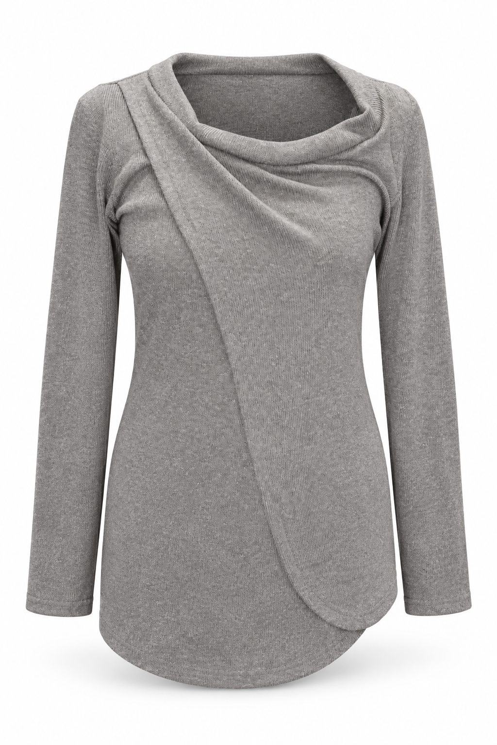Grey asymmetric cowl jacket, front view