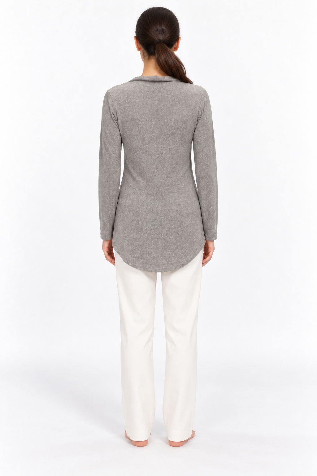 Grey asymmetric cowl jacket, back view