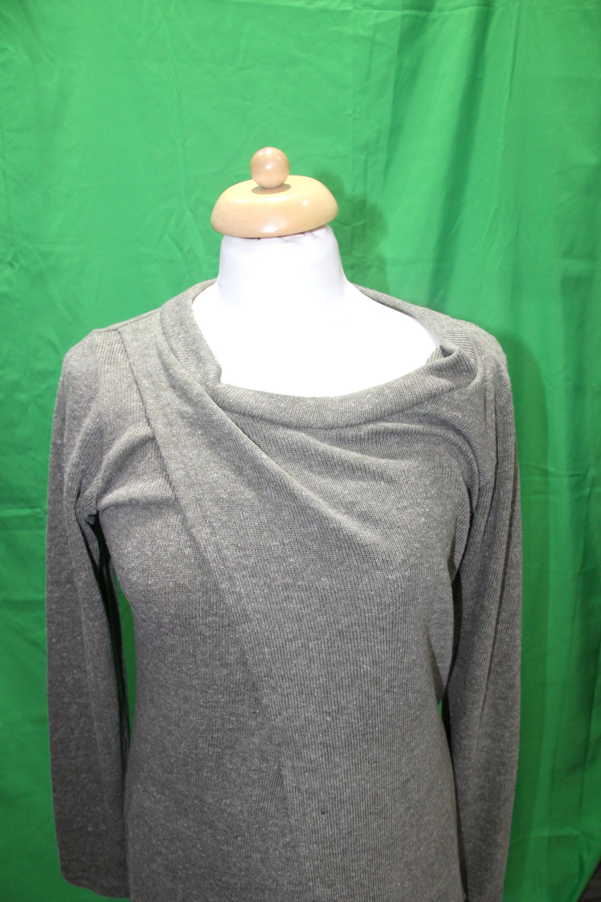 Grey asymmetric cowl jacket, neckline detail