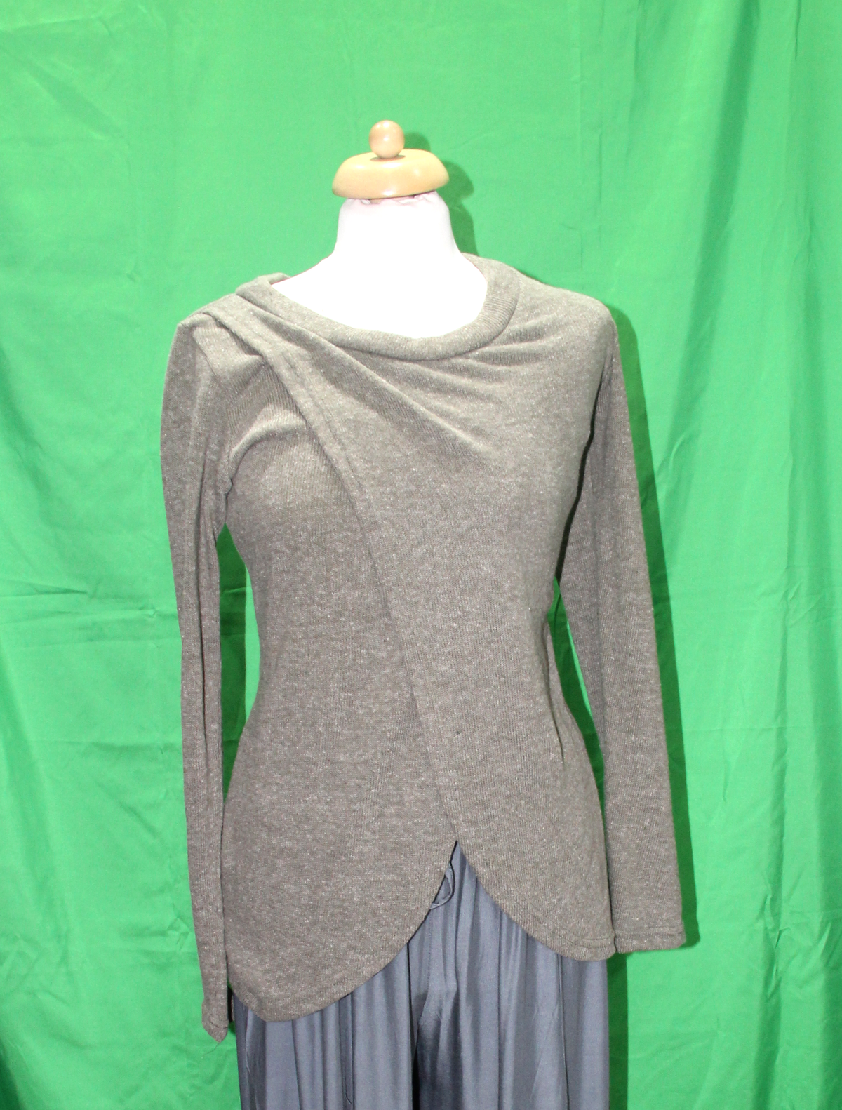 Grey asymmetric cowl jacket, original front view