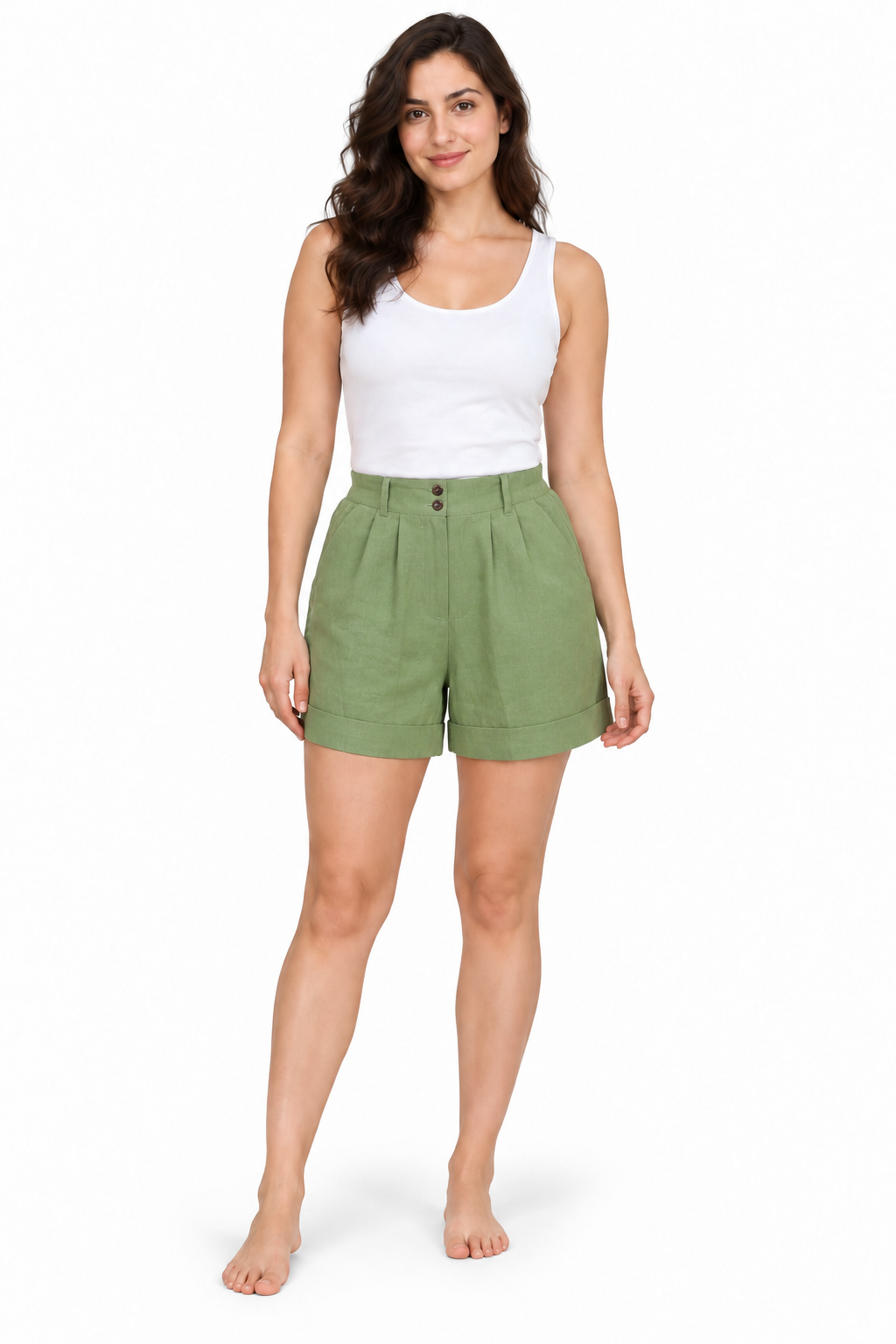 Light Green Buttoned Tailored Shorts – front model view