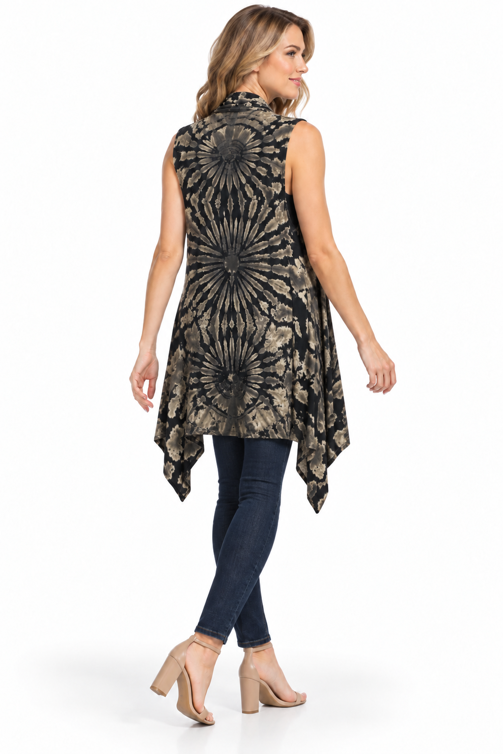 Long Open Vest - Black Beige Floral Pattern – corrected three-quarter rear model view