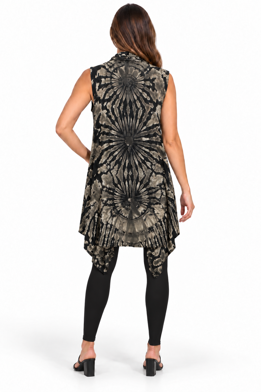 Long Open Vest - Black Beige Floral Pattern – corrected rear model view