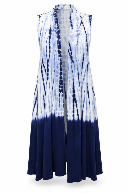 Long Open Vest – Navy White Tie Dye