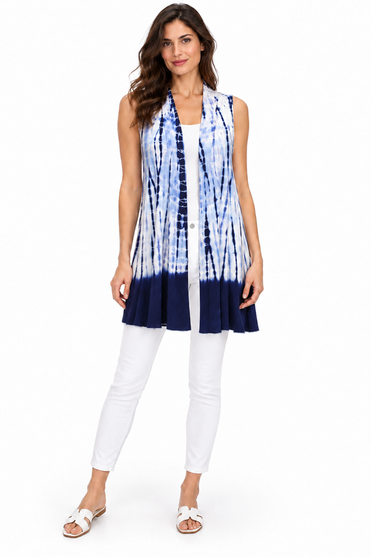 Long Open Vest - Navy White Tie Dye – corrected front model view