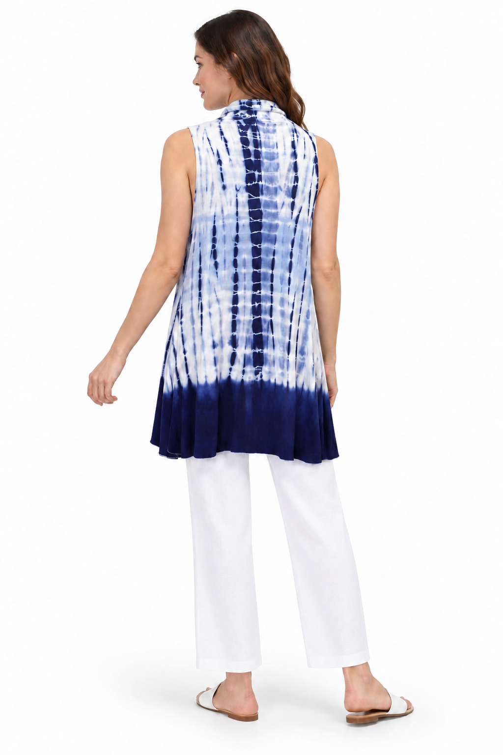 Long Open Vest - Navy White Tie Dye – corrected three-quarter rear model view