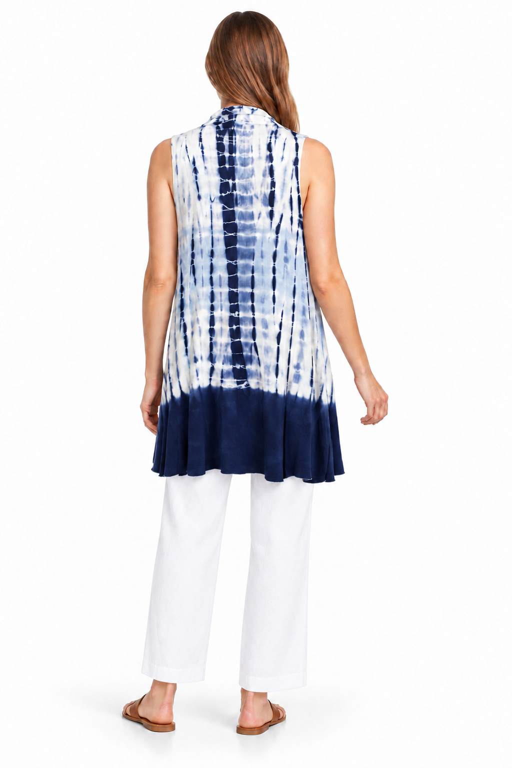 Long Open Vest - Navy White Tie Dye – corrected rear model view
