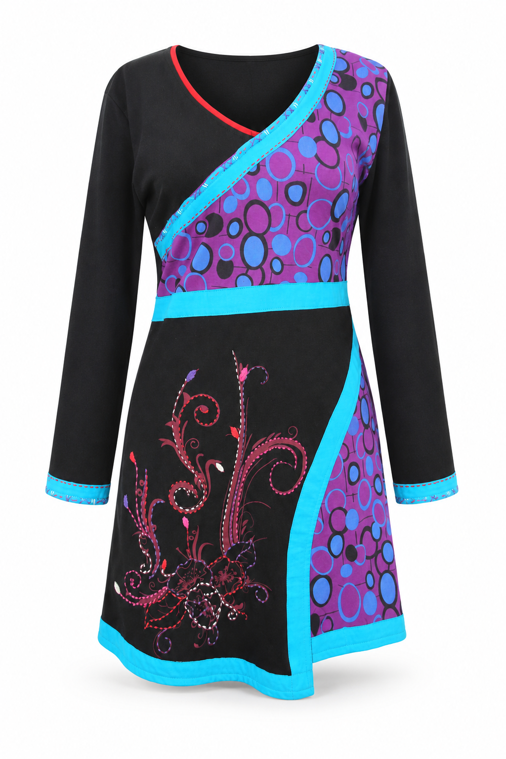 Long Sleeve Dress - Black Purple Turquoise Embroidered – catalogue view 1