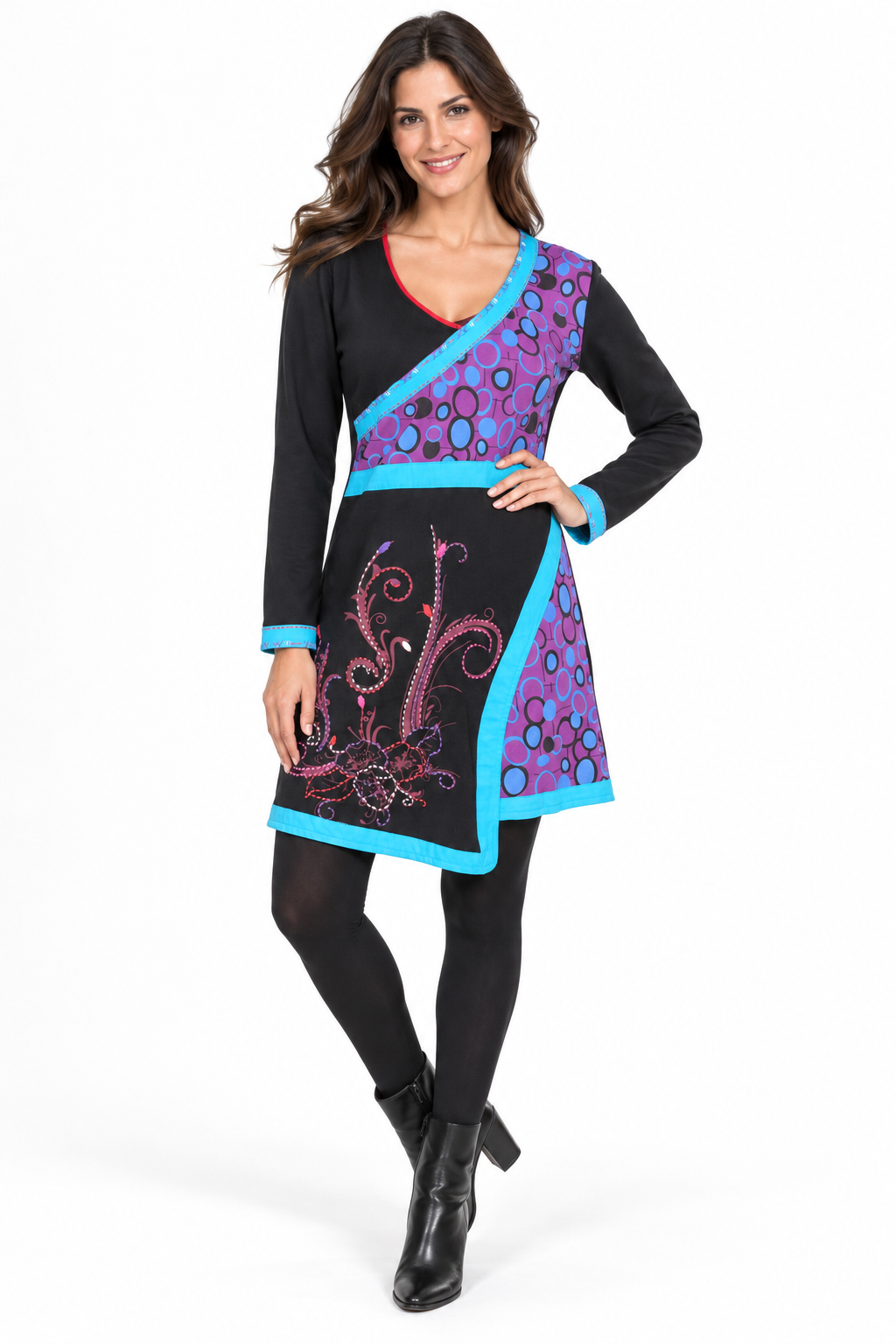 Long Sleeve Dress - Black Purple Turquoise Embroidered – catalogue view 2