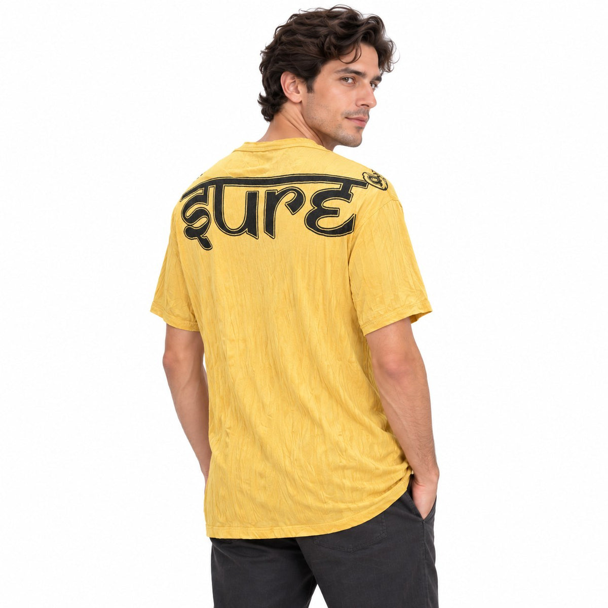 Ganesha Face on Om Short Sleeve Tees from Thailand — three-quarter back view