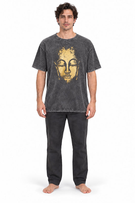 Golden Buddha in Short Sleeve from Nepal — model front view