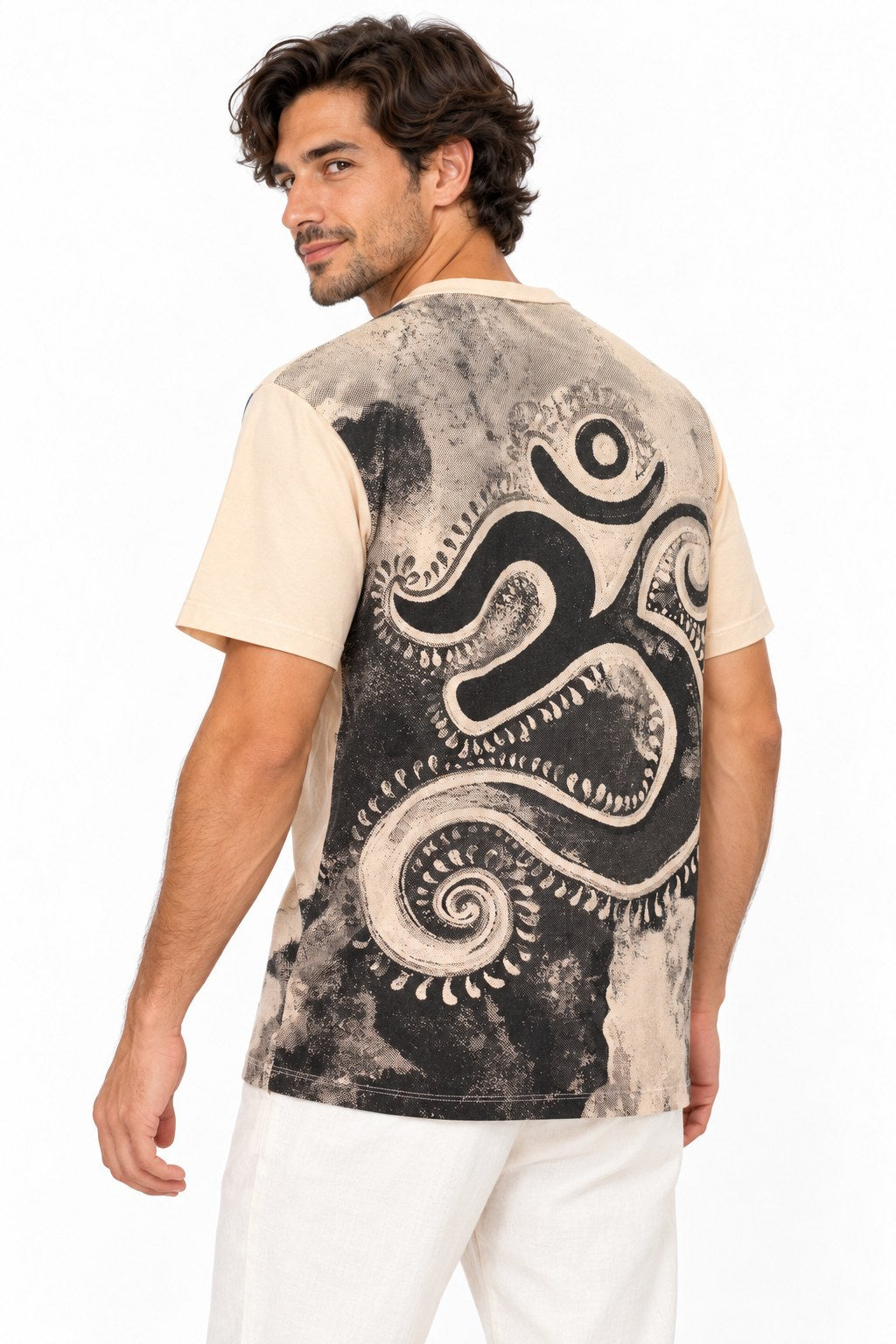 Light Brown Om in Holi Print from Thailand — three-quarter back view