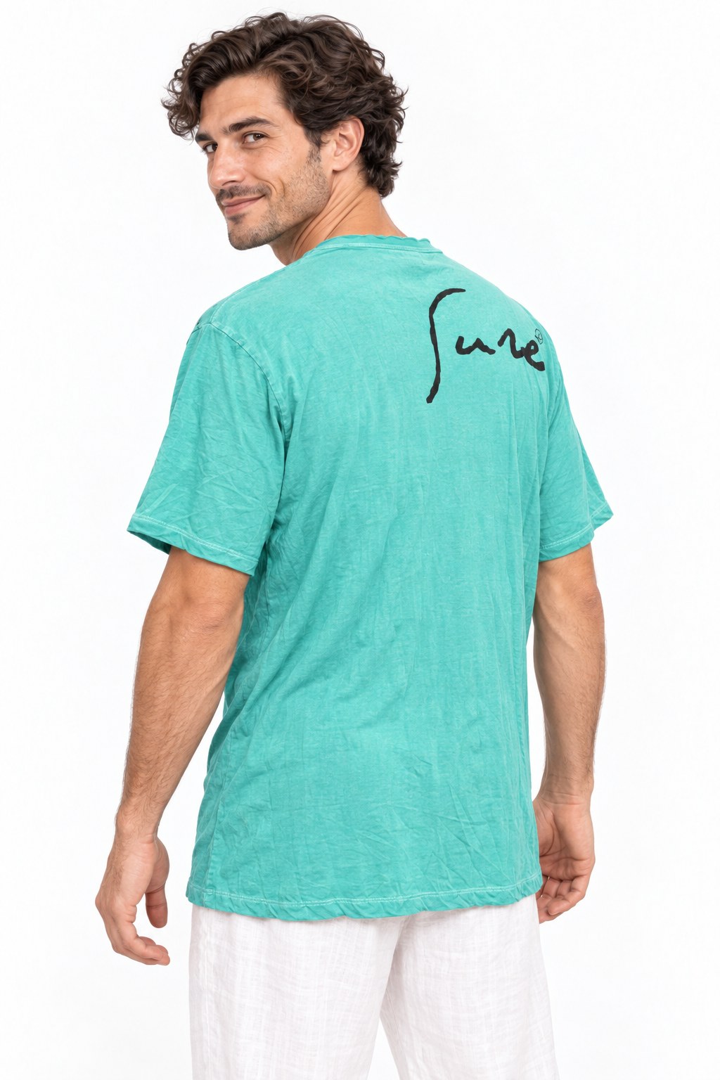 Sure Laughing Buddha in Turquoise Color — three-quarter back view